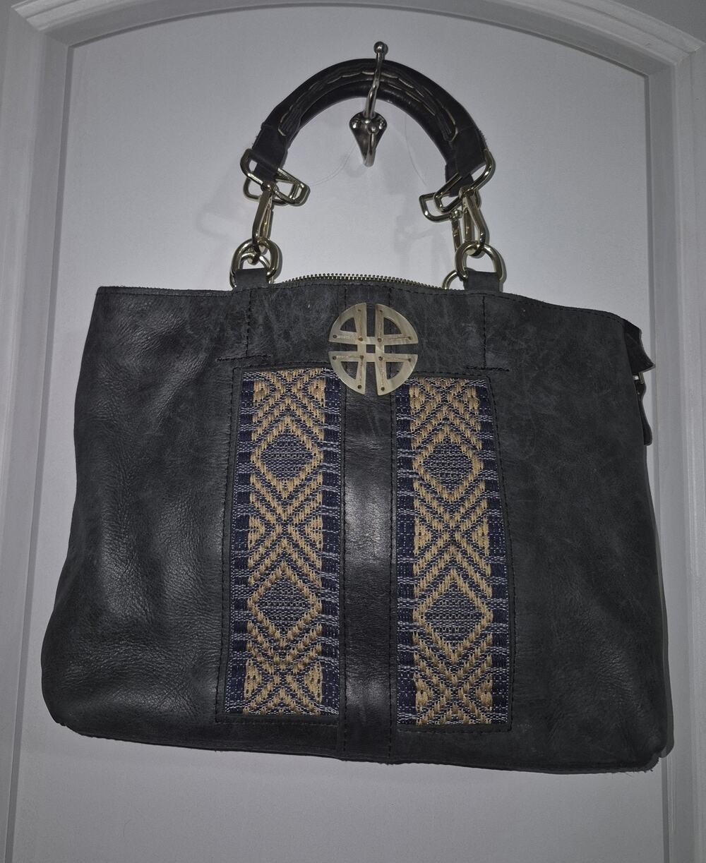 ZAAF Ethiopia Black Leather Shoulder Bag Woven Textile Gold Hardware